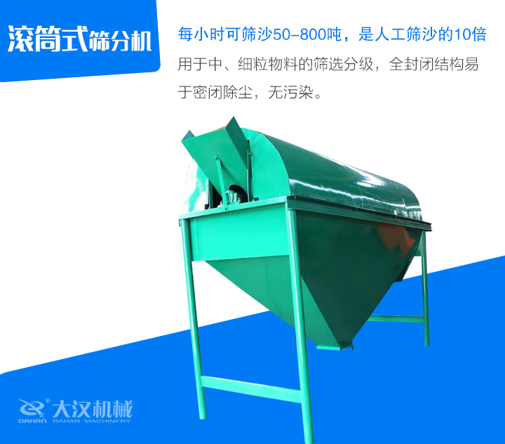 滾筒式篩分機(jī)用于中、細(xì)粒物料的篩選分級(jí)，全封閉結(jié)構(gòu)易 于密閉除塵，無(wú)污染。